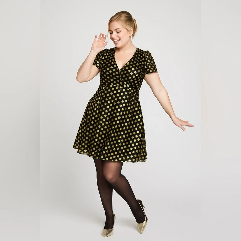 Torrid Black Polkadot Gold Flutter Sleeve Mini Dress, Large, NWT! - Picture 12 of 16